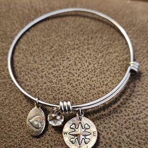Silver Compass Charm Bangle Bracelet